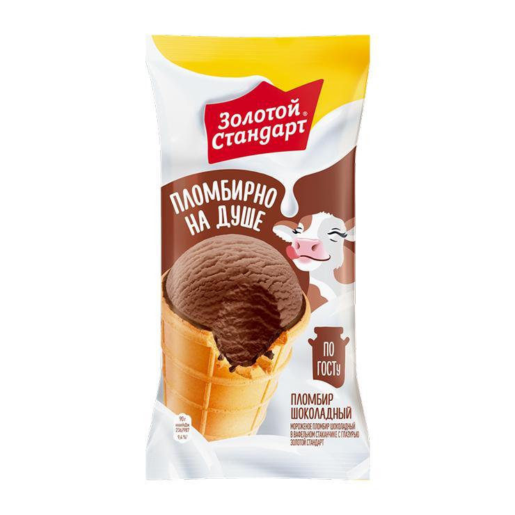 Мороженое пломбир Золотой Стандарт инмарко шоколадный в вафельном стаканчике 86 гр., флоу-пак