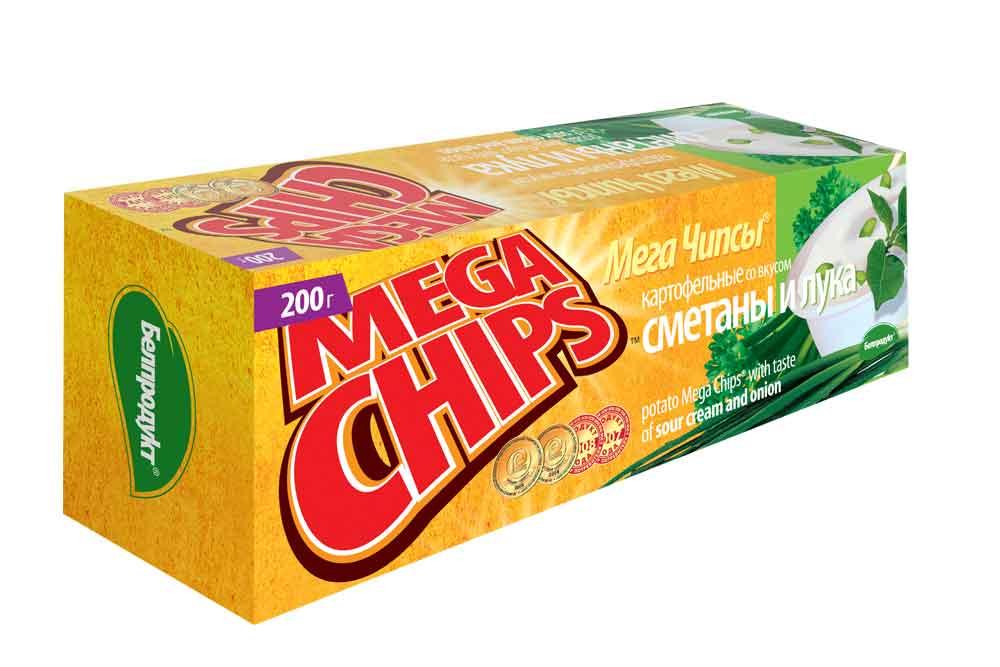 Чипсы картофельные Mega Chips со вкусом сметаны и лука 200 гр., картон