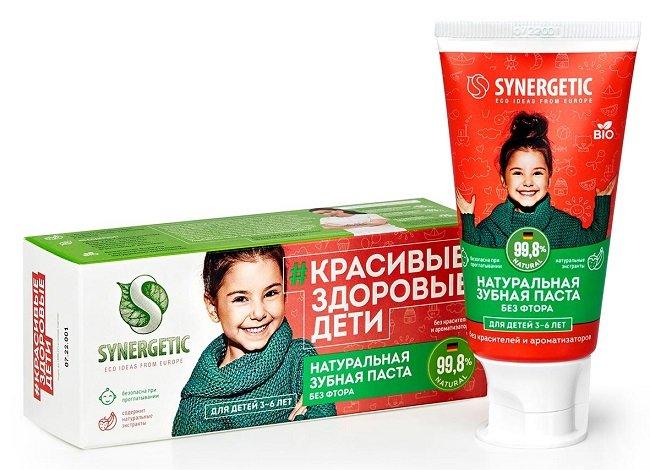 Зубная паста детская клубничка и банан, от 3 до 6 лет, красная Synergetic, 50 гр., пластиковая туба