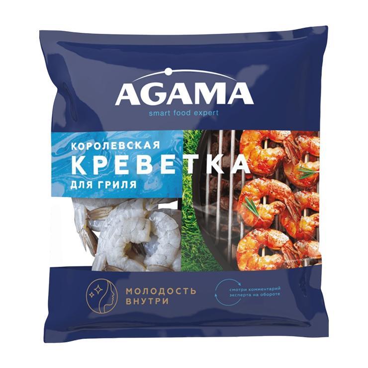 Креветки Agama Королевские №8 очищенные свежемороженые с хвостом 850 гр., флоу-пак