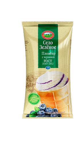 Мороженое пломбир с черникой в вафельном стаканчике Село Зелёное, 70 гр., флоу-пак