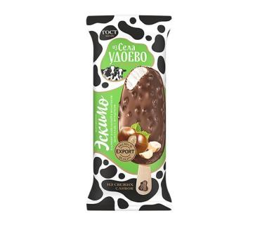 Мороженое Из села Удоево Пломбир ванильный в молочном шоколаде с фундуком Эскимо, 60 гр., флоу-пак
