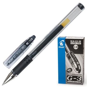 Ручка гелевая с грипом Pilot G-3 черная, корпус прозрачный, узел 0,38 мм, линия письма 0,2 мм