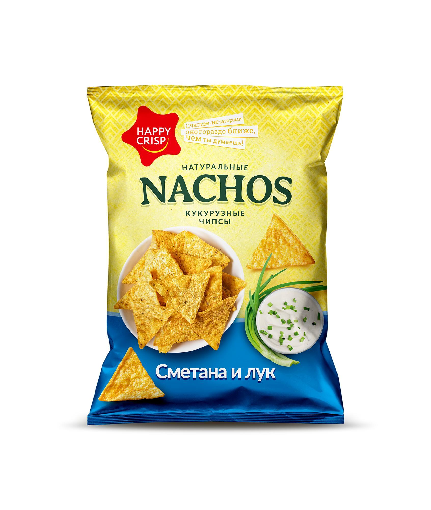 Чипсы Happy Nachos кукурузные со вкусом сметаны и лука, 150 гр., флоу-пак