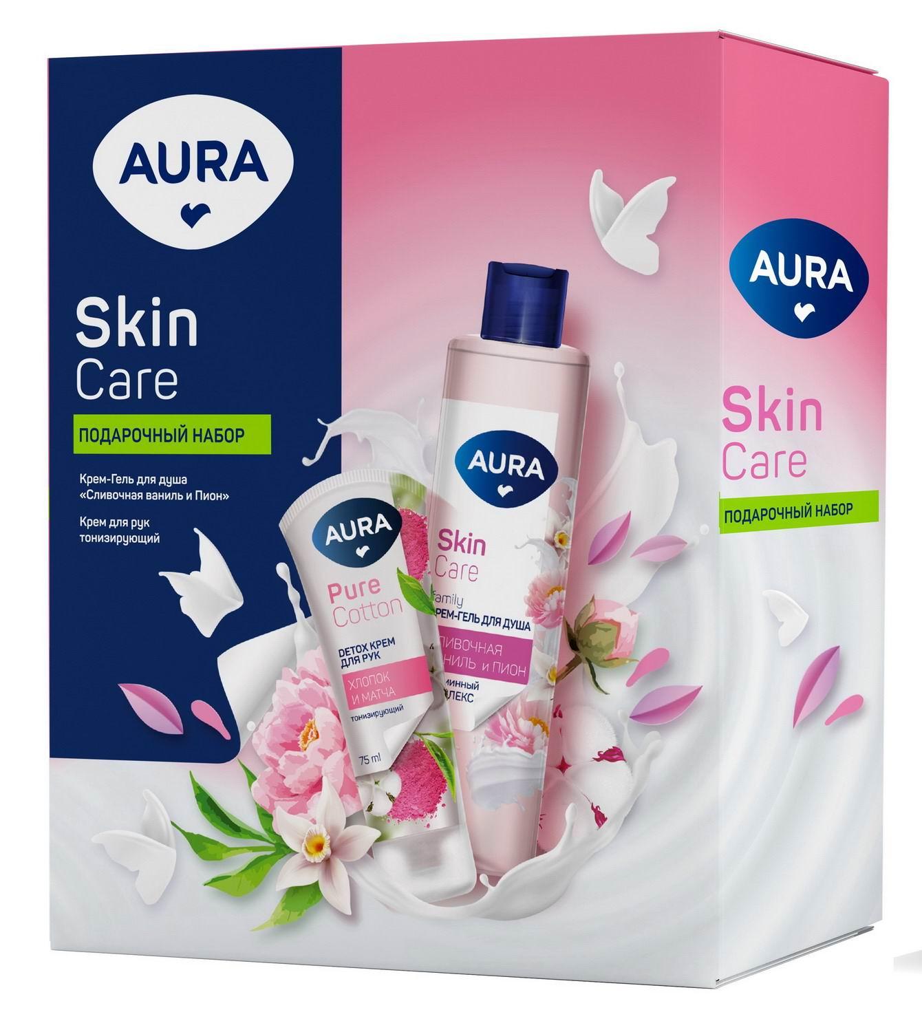 Подарочный набор Aura Skin Care 250 мл. Крем-гель для душа Сливочная ваниль и пион Крем для рук 75 мл. 300 гр., картон