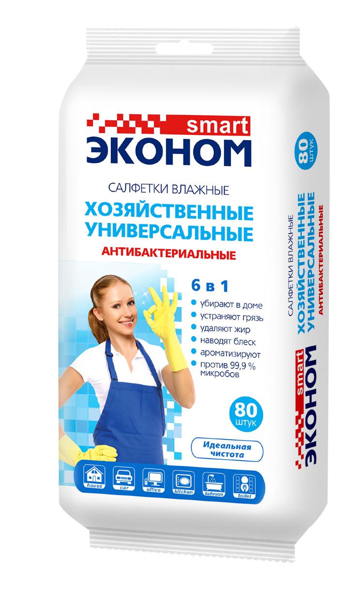 Салфетки влажные, 80 шт., для уборки 6в1, Эконом Smart, флоу-пак