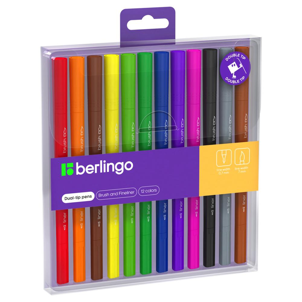 Маркеры Berlingo Brush Fineliner двусторонние 12 цветов смываемые., блистер