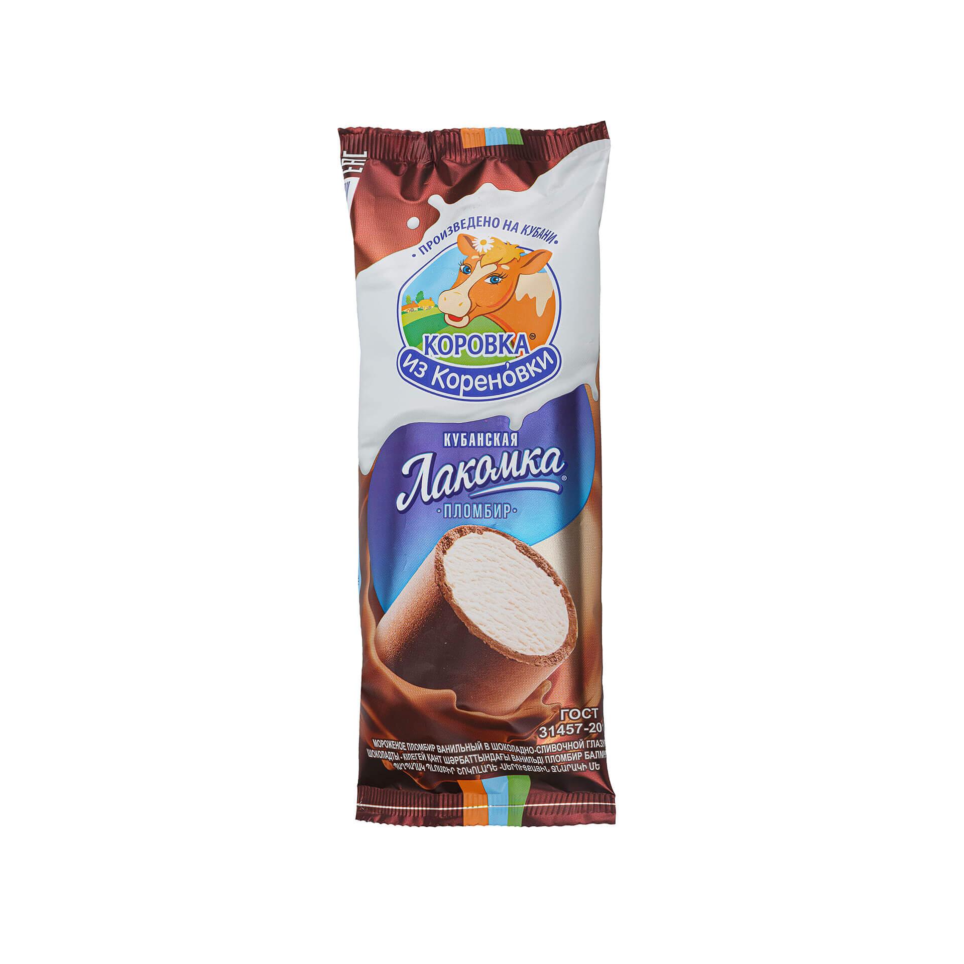 Мороженое пломбир Коровка из Кореновки Кубанская Лакомка в шоколадно- сливочной глазури 90 гр., флоу-пак