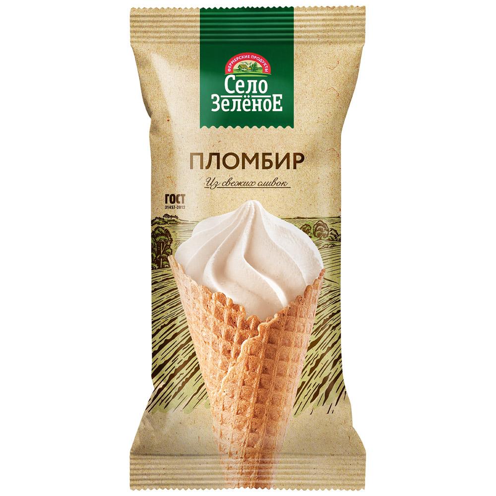 Мороженое рожок Село Зелёное,  пломбир с ароматом ванили 18%, 110 гр., флоу-пак