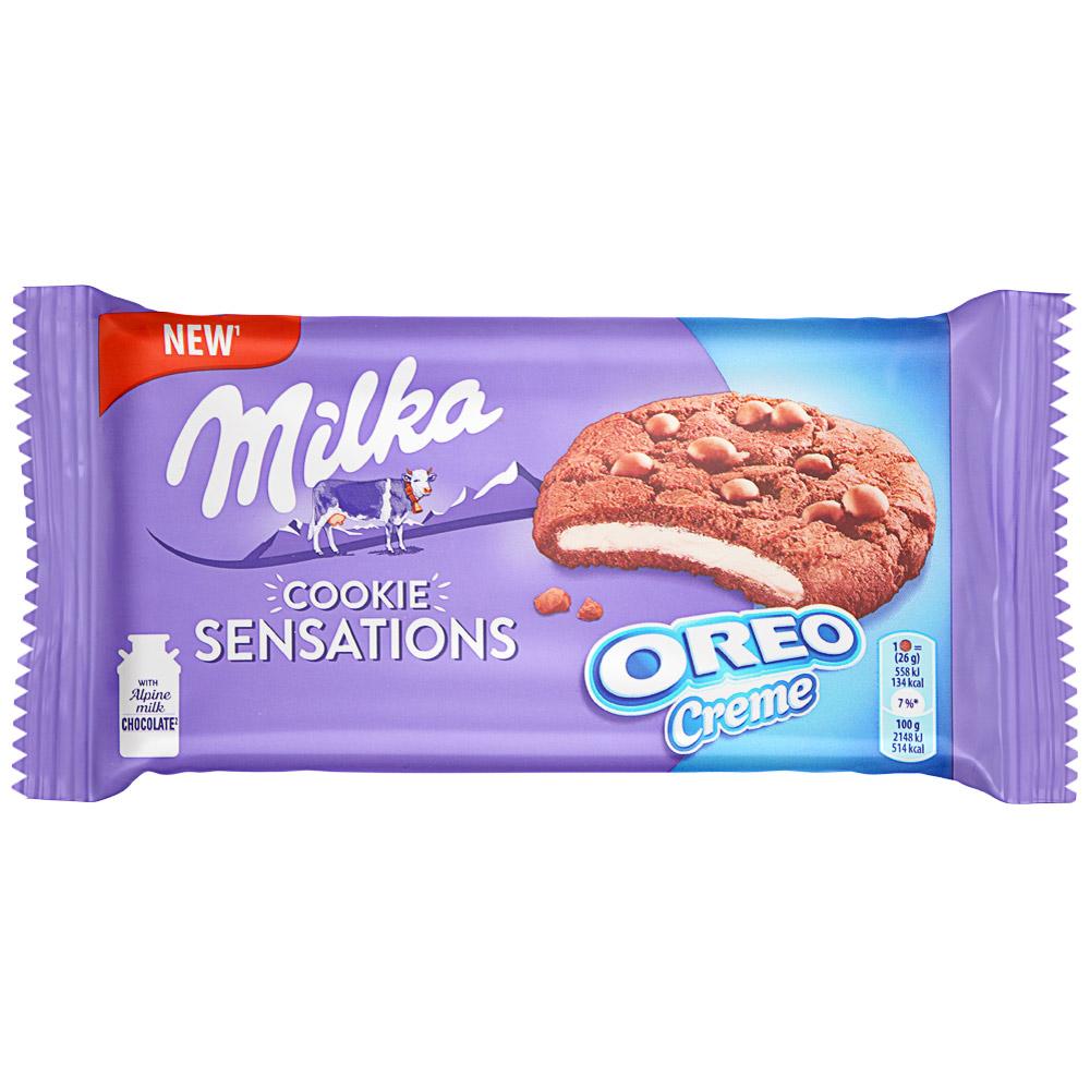 Печенье Milka Шоколадная Сенсация шоколадное с кусочками молочного шоколада и ванильной начинкой 156 гр., флоу-пак