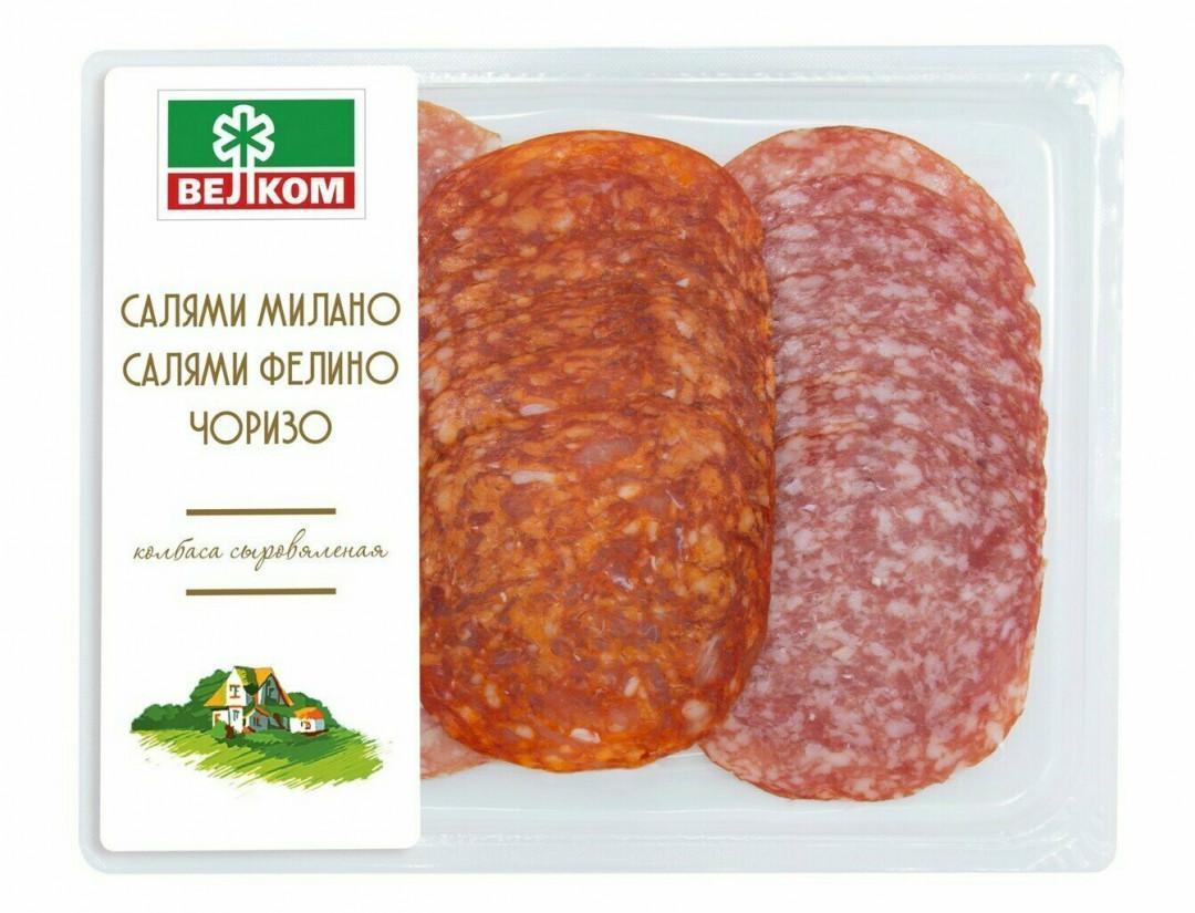 Колбаса сыровяленая Велком ассорти салями милано салями фелино чоризо 90 гр., в/у